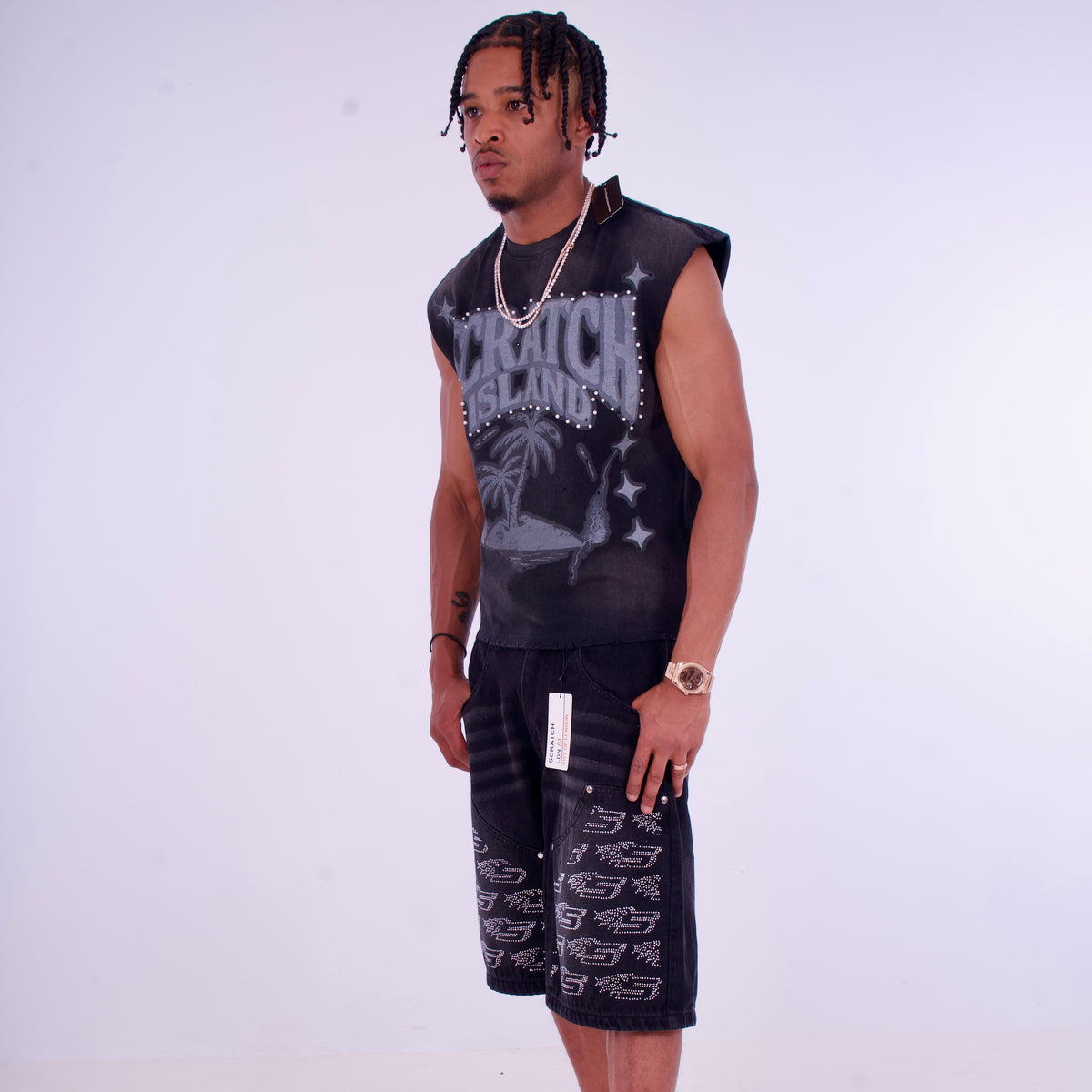 Black Denim Jorts - White Rhinestone